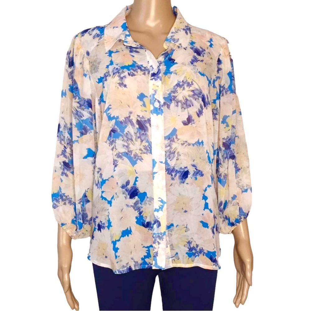 Sanctuary Lily Pond Watercolor Semi Sheer Crepe Button Down Top Small